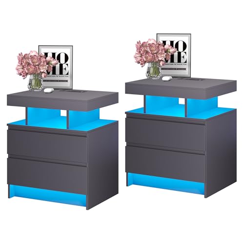 Vlsrka LED Nachttisch 2er Set mit Ladestation, Nachttisch mit 3 Farben Licht, Smart Nachttische mit Drahtloses Laden, Nachtkästchen mit 2 Schubladen, Moderner Nachtschrank 2er Set Schlafzimmer, Grau Vlsrka LED Nachttisch 2er Set mit Ladestation, Nachttisch mit 3 Farben Licht, Smart Nachttische mit Drahtloses Laden, Nachtkästchen mit 2 Schubladen, Moderner Nachtschrank 2er Set Schlafzimmer, Grau von Vlsrka