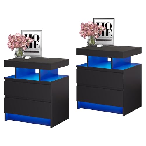 Vlsrka LED Nachttisch 2er Set mit Ladestation, Nachttisch mit 3 Farben Licht, Smart Nachttische mit Drahtloses Laden, Nachtkästchen mit 2 Schubladen, Moderner Nachtschrank Set Schlafzimmer, Schwarz von Vlsrka