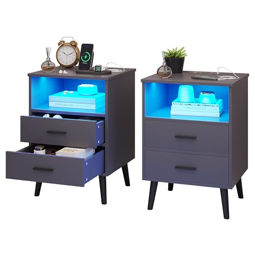 Vlsrka Nachttisch 2er Set mit Licht, LED Nachttische mit Ladefunktion & USB Type-C, Nachtschrank mit 2 Schubladen, Moderner Nachttisch Holz für Schlafzimmer, Bedside Table für Wohnzimmer (Grau) von Vlsrka
