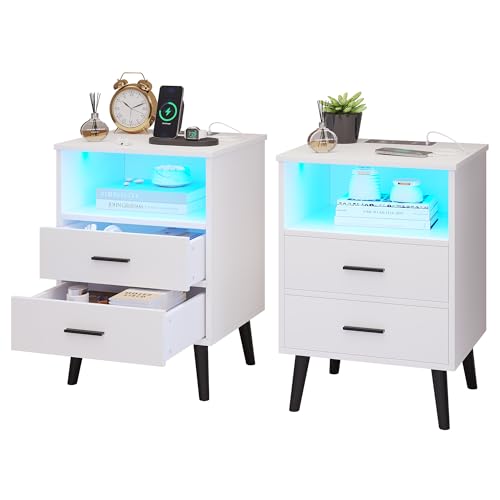 Vlsrka Nachttisch 2er Set mit Licht, LED Nachttische mit Ladefunktion & USB Type-C, Nachtschrank mit 2 Schubladen, Moderner Nachttisch Holz für Schlafzimmer, Bedside Table für Wohnzimmer (Weiß) von Vlsrka