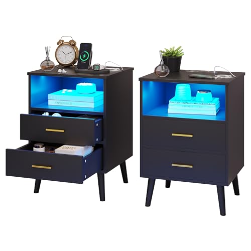 Vlsrka Nachttisch 2er Set mit Licht, LED Nachttische mit ladefunktion & USB, Nachtschrank mit 2 Schubladen, Moderner Nachttisch Holz für Schlafzimmer, Bedside Table für Wohnzimmer (Schwarz) von Vlsrka
