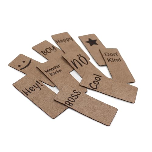 VmG-Store 10x Klapplabels zum Aufnähen 60x25mm Stoff Etiketten für Textilien Labels aus Wildleder Textiletiketten für Kleidung und Applikationen Optik Tags zum Nähen (01 Jungsmotive) von VmG-Store