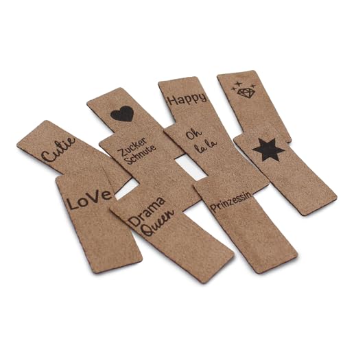 VmG-Store 10x Klapplabels zum Aufnähen 60x25mm Stoff Etiketten für Textilien Labels aus Wildleder Textiletiketten für Kleidung und Applikationen Optik Tags zum Nähen (02 Mädchenmotive) von VmG-Store