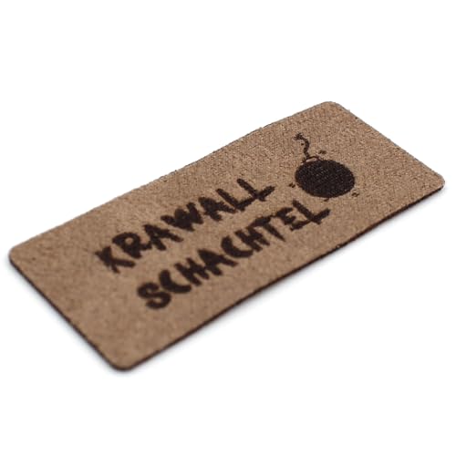 VmG-Store 10x Labels zum Aufnähen Stoff Etiketten aus Wildleder Optik Tags Textiletiketten für Kleidung und Applikation (Krawallschachtel (SetES19), 10er Set) von VmG-Store