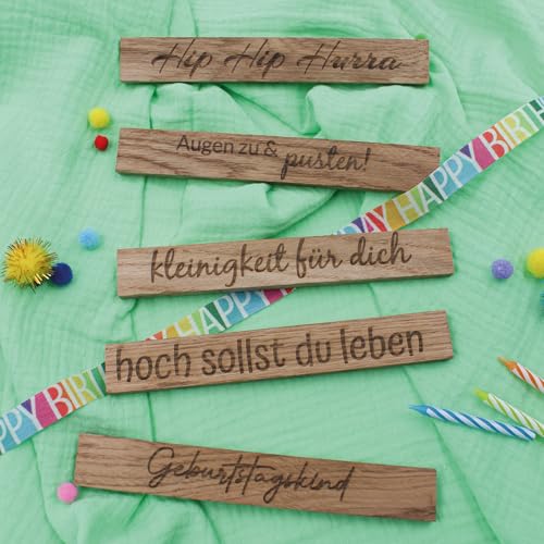 VmG-Store 5 Stück Holzleisten Eiche je 22x8x160mm mit Sprüchen lose Bastelklötzchen mit Text zum Basteln Klötzchen mit Gravur Bastelstäbe zum Heimwerken (03 Geburtstag 2) von VmG-Store