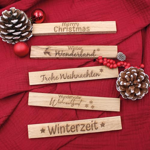 VmG-Store 5 Stück Holzleisten Eiche je 22x8x160mm mit Sprüchen lose Bastelklötzchen mit Text zum Basteln Klötzchen mit Gravur Bastelstäbe zum Heimwerken (06 Weihnachten) von VmG-Store