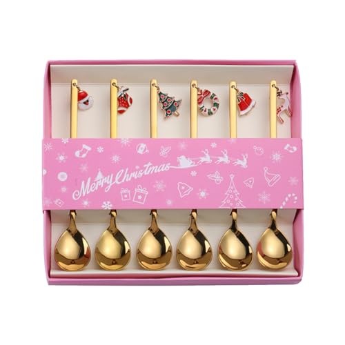 Vmiorzq Weihnachtslöffel aus Edelstahl,Weihnachtslöffelset aus Edelstahl - Kleine 6 Stück Kaffeelöffel Teelöffel Rührlöffel,Weihnachtsbestecklöffel, Edelstahl-Dessertlöffel-Set für Kaffee, Tee, Suppe, von Vmiorzq