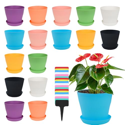 Vmxlso 16 Stück 10cm Blumentopf Plastik, Kleine Blumentopf mit Untersetzer, Runder Pflanztöpfe Kunststoff, Plastik Blumentopf Klein, Anzuchttöpfe Kunststoff für Home Büro Dekoration, Bunt von Vmxlso
