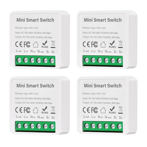 Vmxlso 4 Stück Smart Lichtschalter Modul, Smarthome Lichtschalter Kompatibel mit Tuya App, Alexa und Google Home, Mini Wlan Smarter Lichtschalter, Neutralleiter Erforderlich, Passt Hinter Wandschalter von Vmxlso