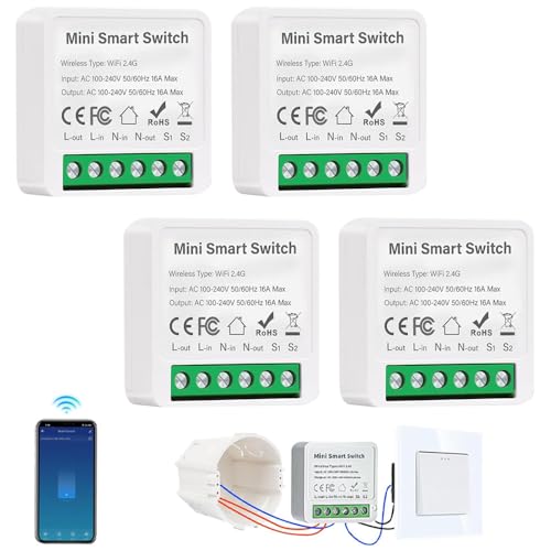 Vmxlso 4 Stück Smart Lichtschalter Modul, Smarthome Lichtschalter Kompatibel mit Tuya App, Alexa und Google Home, Mini Smarter Wlan Lichtschalter, Neutralleiter Erforderlich, Passt Hinter Wandschalter von Vmxlso