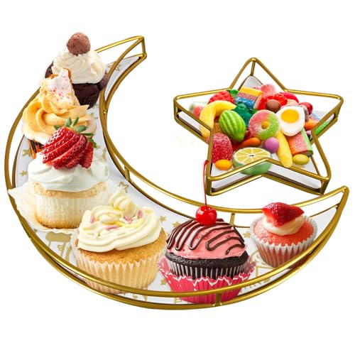 Vmxlso Ramadan Tablett, Ramadan Teller, Ramadan Geschirr Mond und Stern Muster, Eid Mubarak Tablett Eisen, Ramadan Essen Dessert Tablett, Ramadan Tischdeko für Islam Party Dessert Gebäck Ramadan Deko von Vmxlso