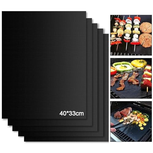 BBQ Grillmatte,5er Set Antihaft Teflon Grillmatten Gasgrill, 40x33cm Grillfolie Wiederverwendbare Backpapier,PFOA-Frei über Kohle, für Holzkohlegrill, Elektronischen, Backofen und Weber Style Grills von Vnierxful