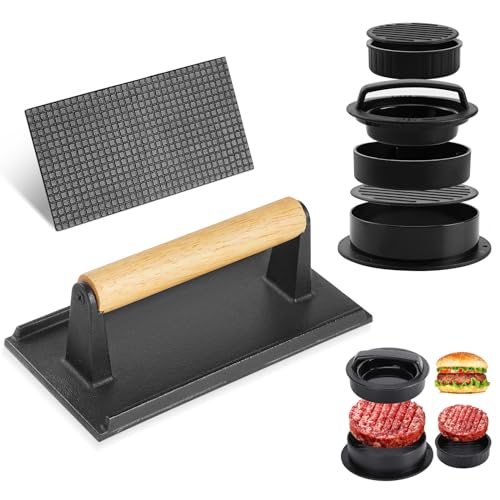 Smash Burgerpresse und Burger Patty Presse 3 in 1 Set, Gusseisen Grillpresse Fleischbeschwerer mit hitzeabweisendem Griff, Professionelles Burger Smasher Grillzubehör for BBQ, Flat Top Grill von Vnierxful