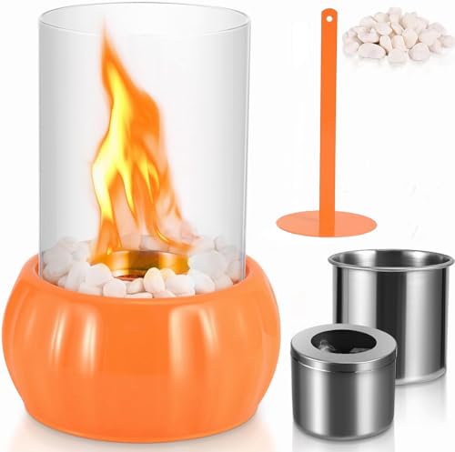 Tischkamin, Verstellbare Flamme & 4h Brenndauer Portable Bioethanol Tischkamin Wärmend mit Sicherheitsglas, Natursteinen (500g),Ethanol Kamin Indoor, Fireplace,Balkon Deko Terrasse von Vnierxful