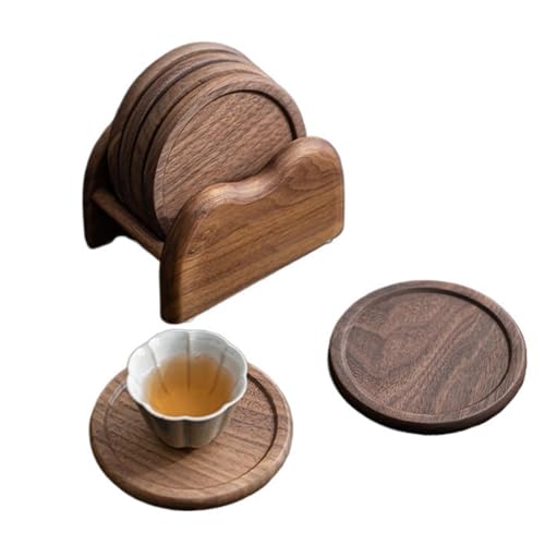 Vnook Tee-Untersetzer-Set, Rund Holz Untersetzer, Tisch Untersetzer mit Halter, Nussbaum, Hitzebeständig, für Teetassen, Kaffeetassen und Tischplattenschoner von Vnook