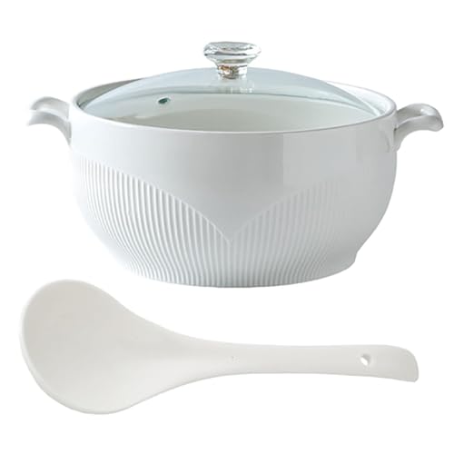 Vnook Weißer Suppen-Serviertopf aus Keramik, große Suppenterrine mit Glasdeckel und Schöpfkelle, Suppenschüssel mit Rautendeckel, Dekorations-Suppentopf for das Restaurant zu Hause(1500ml) von Vnook