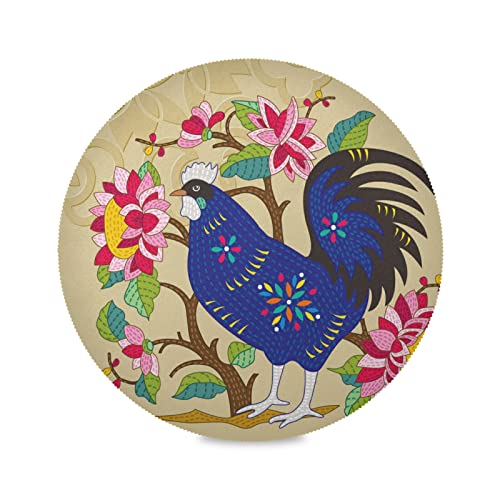 Geschenk Hahn Hahn Huhn Tier Blume Platzsets Runde Tischsets Abwaschbar 1/4/6 Set， Hitzebeständig Platzdeckchen 39cm für Heim Speisetisch Küche von Vnurnrn