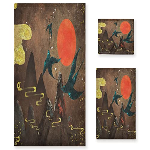 Vnurnrn Alte Japanische Kunst Handtuchset für Badezimmer(1 Badetuch & 1 Handtuch & 1 Waschlappen) Geruchsresistente Handtücher für Mädchen Kinder von Vnurnrn