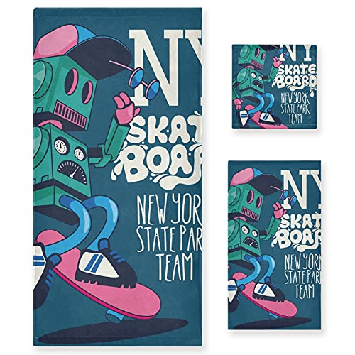 Vnurnrn Roboter-Skateboard Handtuchset für Badezimmer(1 Badetuch & 1 Handtuch & 1 Waschlappen) Geruchsresistente Handtücher für Mädchen Kinder von Vnurnrn