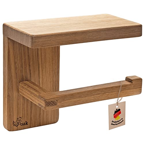 Voak® Toilettenpapierhalter Holz ohne Bohren | Made In Germany | 100% Natur Eiche | Klopapierhalter mit Ablage | Kleben oder Bohren | WC Papier Bad Halterung | Klorollenhalter geölt & Handgefertigt von Voak
