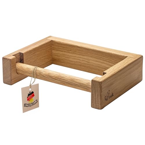 Voak® Toilettenpapierhalter Holz ohne Bohren | Made In Germany | 100% Natur Eiche | Klopapierhalter mit Ablage | Kleben oder Bohren | WC Papier Bad Halterung | Klorollenhalter geölt & Handgefertigt von Voak