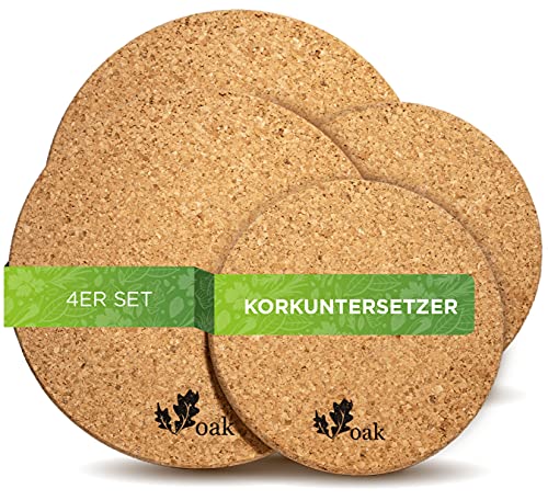 Voak® Topfuntersetzer Korkuntersetzer Set | 4 runde Kork Untersetzer | 100% Natur Kork Made in Portugal | 20 cm und 15 cm | rutschfeste Unterlage Tischset Abwaschbar Hitzebeständig von Voak