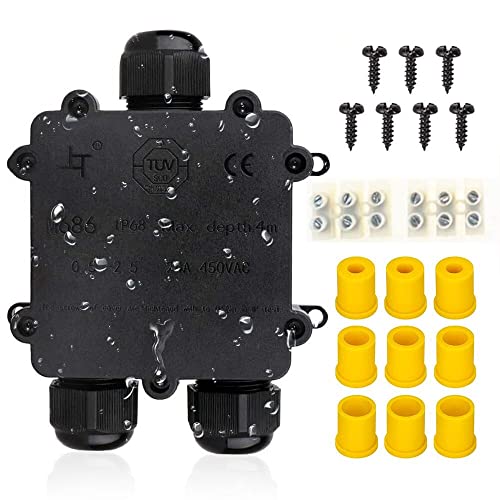 VOARGE Wasserdicht Abzweigdose IP68 Verteilerdose, Größere 3-Wege-Verbindungsdose Erdkabel Schwarz Elektrischer Außenverteilerdose, für Kabeldurchmesser Ø4mm-14mm ABS + PVC von Voarge