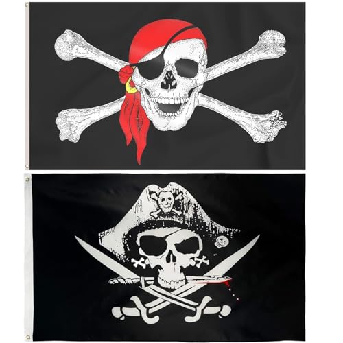 Voarge 2 Stück Piratenflagge, 150x90 cm, Piraten Deko Kindergeburtstag - Jolly Roger Flaggen aus strapazierfähigem Polyester, Totenkopf- und Kreuzmesser - Für Piratenparty, Halloween & Outdoor-Deko von Voarge