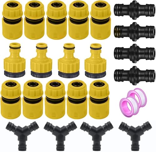 Voarge 24 Stück Schlauchverbinder Set 1/2 Zoll Schnellkupplung, 1/2 Zoll und 3/4 Zoll Wasserhahn Schlauchverbinder,1/2" Connector für Rohr Verbinden Gartengeräte (GELB-24) von Voarge