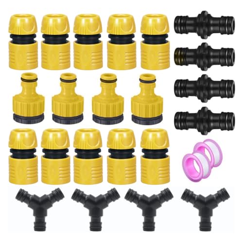 Voarge 24 Stück Schlauchverbinder Set 1/2 Zoll Schnellkupplung, 1/2 Zoll und 3/4 Zoll Wasserhahn Schlauchverbinder,1/2" Connector für Rohr Verbinden Gartengeräte (GELB-24) von Voarge