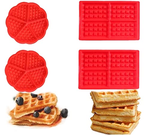 VOARGE 4 Stück Silikon Waffeln Backform, Backform Kuchenform Eiswürfelform Schokoladen Süßigkeiten Formen Rot Herz und Rechteckige von Voarge