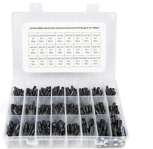 Voarge 500 Stücke Elektrolytkondensator 24 Wert Kondensatorkit, 0.1uF-1000uF Elektrolyt-Kondensator Verschiedene Sortiment-Kit Set Schwarz mit klarem Kunststoff-Box von Voarge
