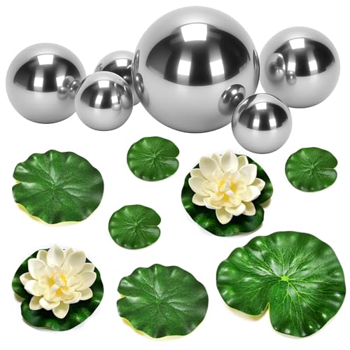 Voarge 6 Stück Schwimmkugeln für Miniteich, mit 6 Schwimmend Lotusblätte und 2 Stück Lotusblüte, für Teich Deko Garten Teichdeko Miniteich Teichbecken Deko Kugeln Garten von Voarge