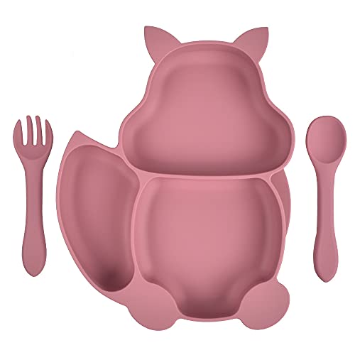 Voarge Baby Teller Sets,Mini Silikon Tischset für Teller Baby Rutschfest Babyteller mit Saugnapf Kinderteller Löffel Gabel Abwaschbar - BPA freies, 3 Stücke Silikon Geschirr Sets(Eichhörnchen-Rosa) von Voarge