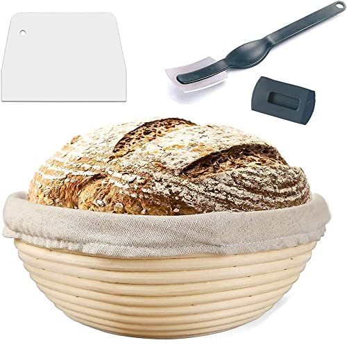 Voarge gärkörbchen Rund, ø 25 cm, Höhe 8.5 cm Gärkorb Set für Brot Backen Fasst 1kg Teig,Ein natürlicher, handgefertigter Rattan-Gärkorb,mit Leineneinsatz+Teigschaber+ Bread Brotmesser(Rund) von Voarge