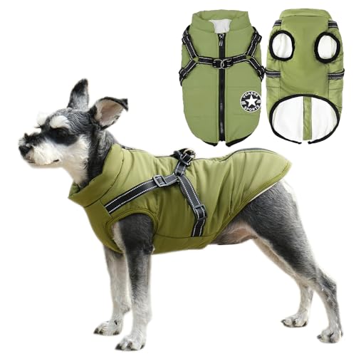 Voarge Hundejacke Winterweste Jacken, Hundemantel mit Geschirr für Kleine Hunde Hundemantel Wasserdicht Maschinen Waschbarer Reflektierender Streifen Design Haltbarer D-Ring (M, Grün) von Voarge