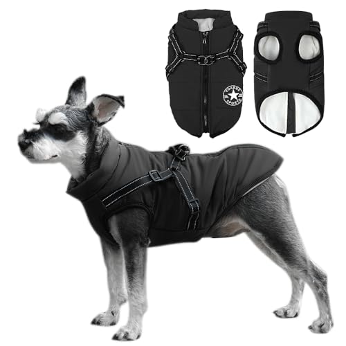 Voarge Hundejacke Winterweste Jacken, Hundemantel mit Geschirr für Kleine Hunde Hundemantel Wasserdicht Maschinen Waschbarer Reflektierender Streifen Design Haltbarer D-Ring (M, Schwarz) von Voarge