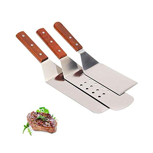 Voarge Pfannenwender-Set aus Edelstahl, 3 Teile/Satz Edelstahl Pizza Schaufel Heber Cutter Grill Turner Back Spachtel Kochwerkzeug mit Holzgriff rutschfeste für Teppanyaki-Grills und Backbleche von Voarge