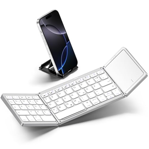 Vobafe Bluetooth Faltbare Tastatur mit Touchpad Kabellose Klappbare, Tragbare Mini Tastatur mit 3 Bluetooth-Kanälen für iOS, Android, Windows, Laptop PC Tablet, QWERTZ Layout, Silber von Vobafe