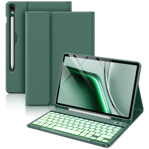 Vobafe Tastatur Hülle für Samsung Galaxy Tab S10 FE 10.9 Zoll/S9 FE 10.9 Zoll/S9 11 Zoll, 7-Farben Beleuchtung Keyboard Cover mit Stifthalter & Schnellladung, QWERTZ-Layout, Kiefergrün von Vobafe