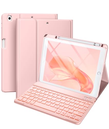 Vobafe Hülle mit Tastatur Kompatibel für iPad 9./ 8. /7. Generation 10.2 Zoll mit Stifthalter, Magnetisch 7 Farben Beleuchtung, Wiederaufladbar Abnehmbarer QWERTZ iPad Tastatur, Rosa von Vobafe