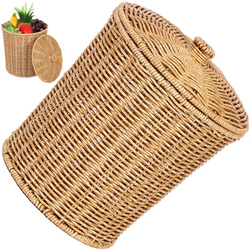 Vobumix Weidenkorb Deckel, Runder Rattan-gewebter Aufbewahrungskorb, Retro-mülltonne, Wäschekorb Für Schlafzimmer, Wohnzimmer, Büro von Vobumix