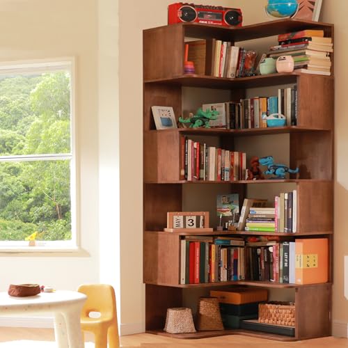 Vockol Eck Bücherregal, 190 cm Massivholz Bücherregal Veranstalter, 6-Stufiges Eckregal, Großes Eck Ausstellungsregal für Wohnzimmer, Schlafzimmer und Home-Office, Walnuss von Vockol