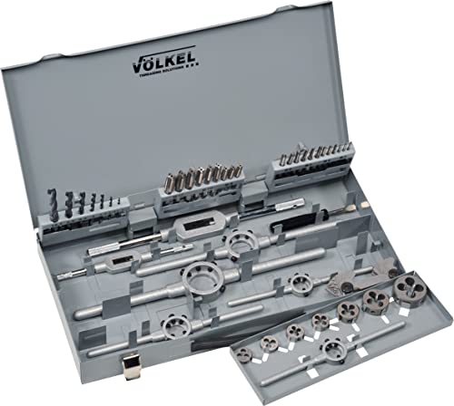 VÖLKEL Gewindeschneider Set Profi | HSS-G Gewindebohrer Set | M3-M12 Handgewindebohrer + Schneideisen 42-tlg. | Satz inkl. Kernlochbohrer | Metrisches ISO-Gewinde DIN 13 | In Metall-Kassette von Völkel