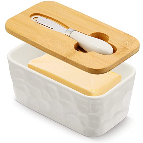 Porzellan-Butterdose, europäische Größe, Keramik-Butterbehälter mit Holzdeckel, doppelte Silikondichtungen, Design Butterbox für Butter, Nüsse, Käse, 650 ml von Voency