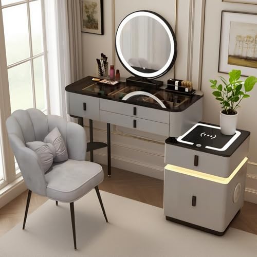 Schminktisch mit Spiegel und LED-Beleuchtung, Kosmetiktisch mit Bluetooth-Lautsprecher und kabelloses Laden, Frisiertisch mit Ablagetischbeinen, Schminktisch mit Glasplatte (Grau + Schwarz, 100cm) von Vofikoli