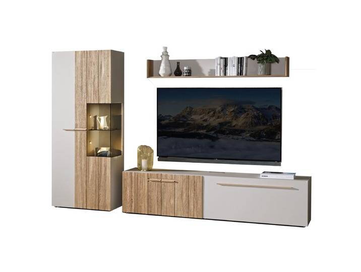 Voglauer Caitara Wohnwand CTV218-L in kaschmirgrau mit Massivholzakzenten in Spaltholzdesign bestehend aus Vitrine sowie Lowboard und Wandboard Voglauer Caitara Wohnwand CTV218-L in kaschmirgrau mit Massivholzakzenten in Spaltholzdesign bestehend aus Vitrine sowie Lowboard und Wandboard von Voglauer