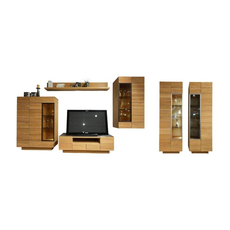 Wohnwand V Montana Wildeiche Geölt Glasrückwand Optiwhite Weiß Mit Beleuchtung I... von Voglauer