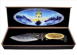 Messer heulender Wolf Westernolch in Holzbox 25 cm von Vogler