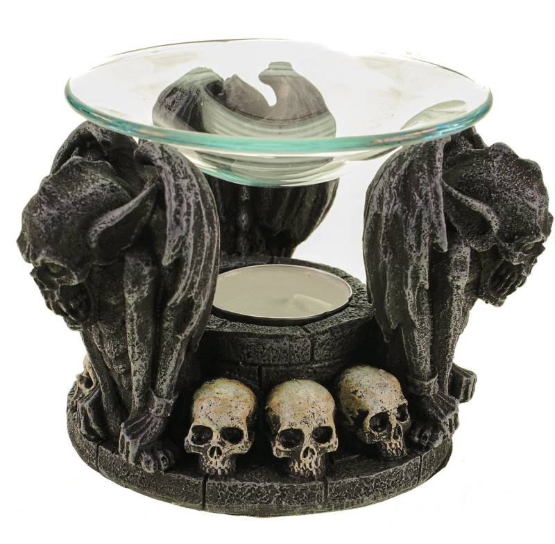 Vogler Dekofigur Duftlampe 3 Gargoyles mit Totenschädeln Glasschale Polyresin Teelicht von Vogler